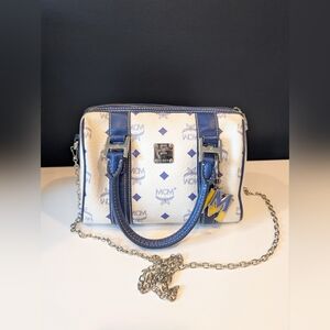 Authentic MCM Visetos Boston Satchel in Blue and White